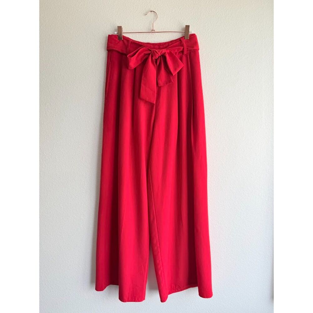 Flying Tomato Wide Leg High Rise Pleated Pants with Self Tie in Red size Medium